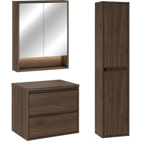 Waschtischunterschrank-Set 60 cm mit Hochschrank und Spiegelschrank Edmé dunkles Holz (1/5)