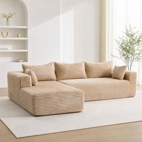 Sofá modular esquinero en L con chaise longue de pana beige OKWISH (1/5)