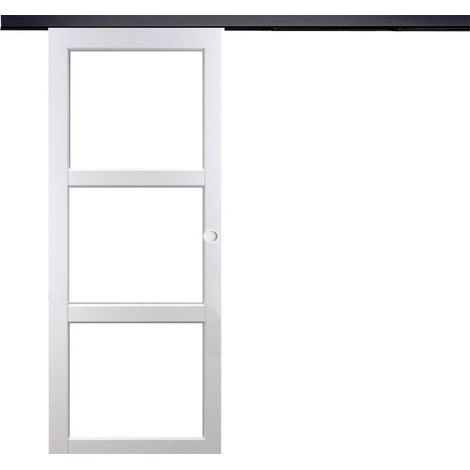 Puerta corredera Kenya blanca con vidrio transparente H204 x L73 cm, riel de aluminio con banda negra, conchas blancas GD MENUISERIES