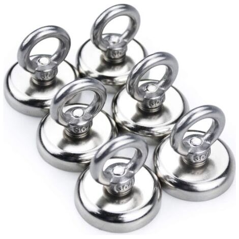 Lot de 6 aimants de pêche puissants en néodyme, force de traction de 50 kg, aimant en terres rares avec trou fraisé, diamètre de l'œillet : 36 mm, pour la récupération en rivière et la pêche magnétiqu (1/4)