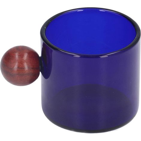 Tasse à café multifonctionnelle en verre résistant à la chaleur, style simple et vintage, avec boule en bois, bleue. Idéale pour le café, la bière et le thé. (1/5)