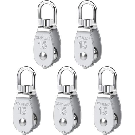 Poulie simple pivotante M15 en acier inoxydable, lot de 5, charge max 35 kg, roulement fluide pour levage, corde, câble ou fil à linge, bloc robuste et durable. (1/5)