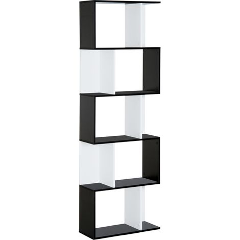 Mobile Libreria in Legno a 5 Ripiani con Divisorio, 60x24x184.5 cm, Bianco e Nero