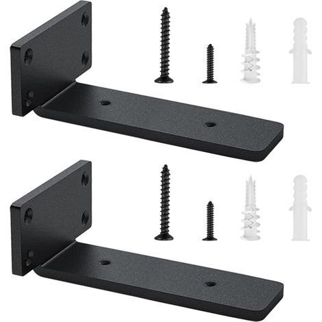 Lot de 2 - Support étagère flottante - Équerre murale industrielle - Fixation invisible pour bois - Salon cuisine garage - Noir - 20x20cm (1/5)
