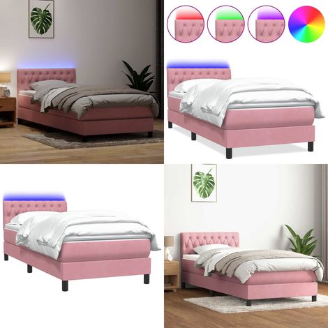 Cama box spring con colchón y LED terciopelo rosa 90x210 cm - Cama con luz LED - Cama de muelles ensacados