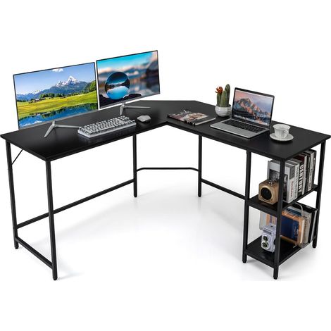 COSTWAY Scrivania Angolare 138 CM, Scrivania ad Angolo con 2 Prese, 2 Porte USB, Telaio in Acciaio al Carbonio e Ripiano a 2 Livelli Rimovibile, Scrivania Salvaspazio da Ufficio e Casa (Nero) (1/5)