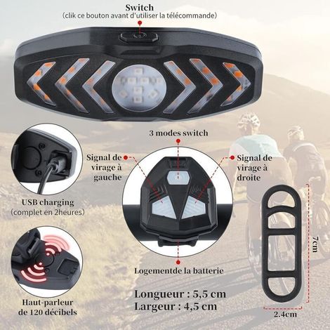 Feu Arrière De Vélo Clignotant Velo Et Feu Arrière Avec Effet Sonore USB Rechargeable Télécommande Sans Fil Facile à Installer Pour Trottinette Vélos De Route Vtt Visible De Jour Comme De Nuit longzim