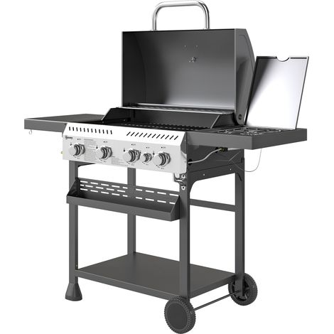 Gasgrill, 4 Hauptbrenner, 1 Seitenbrenner, 1 Kochplatte, 135 x 55 x 103 cm, schwarz