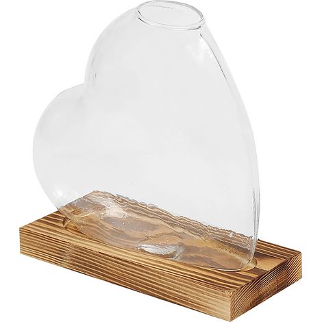 Vase décoratif en verre avec socle en bois style nordique pour plante hydroponique, forme cœur ouverte, décoration bureau vintage élégant (1/5)