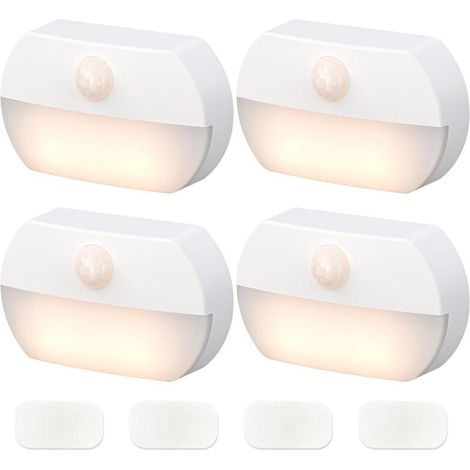 Juego de 4 luces nocturnas, funcionan con pilas y cuentan con función de detección de presencia humana. Son ideales para pasillos, armarios y otros lugares. (1/5)