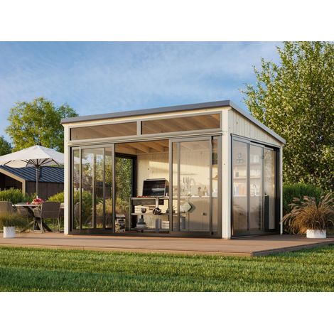 Abri de jardin en épicéa nordique 11,6 m² – Portes coulissantes vitrées aluminium – Toit plat contemporain – Espace de vie lumineux – Palmako (1/5)