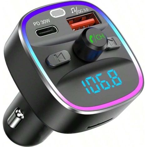 Transmetteur FM Bluetooth Voiture, Bluetooth 5,4 Lecteur MP3 Adaptateur Kit Émetteur FM Voiture Chargeur 48W PD 30W & 18W, Appel Mains Libres, 7 Couleurs de lumière Support Carte SD & Clé USB (1/5)