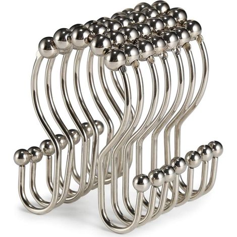 Lot de 12 Crochets de Rideau de Douche en Acier Inoxydable antirouille avec Double Crochet Coulissant Anti-Chute pour Rideau de Douche de Salle de Bain (Nickel)