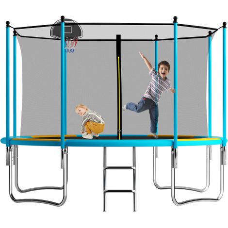 12FT Outdoor Trampoline with Basketball Hoop, Safety Net and Ladder for Kids and Adults, Supports Up to 150kg