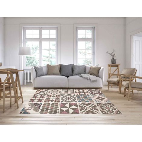 Tappeto Arredo Moderno Morbido in Ciniglia Ingresso Antiscivolo Prodotto Italiano Soggiorno Camera Salotto Disegni Piazzati Cotone Varie Misure Grande Maioliche Grigio - 115x175 cm