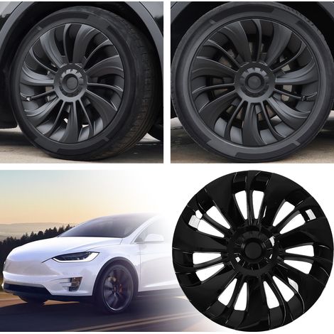 (T04) (Video verfügbar) 4 symmetrische Radkappen für 19-Zoll-Felgen des Tesla Model Y (2020-2023) (14-teiliges Wirbelmuster, keine Markierungen), glänzend schwarz, übergroß und langlebig. (1/5)