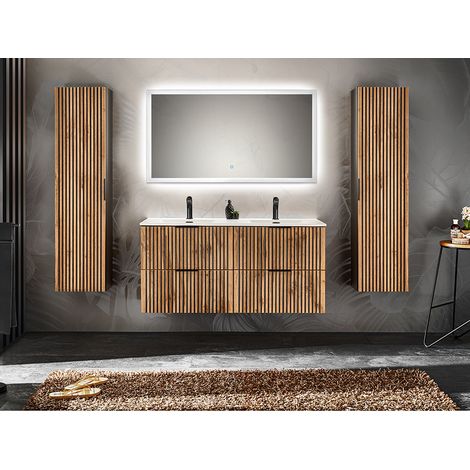 Badezimmer Komplett Set 2 Hochschränke Doppelwaschtisch 121 cm XANTEN-56 in anthrazit mit Eiche Nb. schwarz gerillt, B/H/T: ca. 220/200/46 (1/5)