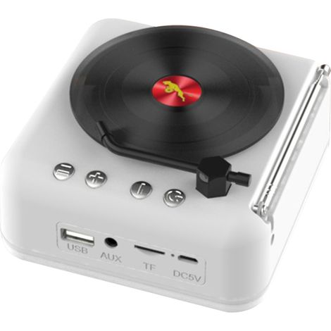 Enceinte Bluetooth Vinyl Rétro avec Radio FM Mini, Son Stéréo HiFi et Design Phonographe Innovant Blanc (1/5)