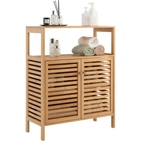 Costway – Meuble de salle de bain en bambou – Rangement avec 2 portes persiennes – Étagère amovible – Dimensions 64x27,5x80cm – Résistant à l'humidité - Persiennes-64x27 (1/5)