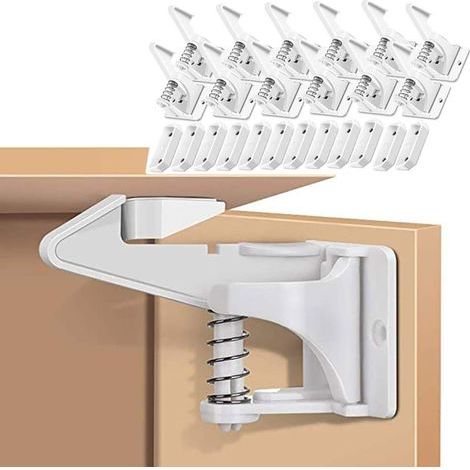 Set mit 12 Sicherheitsschlössern für Möbel, unsichtbar und ohne Bohren anzubringen. Geeignet für Kinderschubladen, Küchenschränke usw.