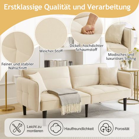Canapé convertible 2-en-1 réglable, 2 places en velours, accoudoirs pliables & fonction lit, parfait pour petit espace (1/4)
