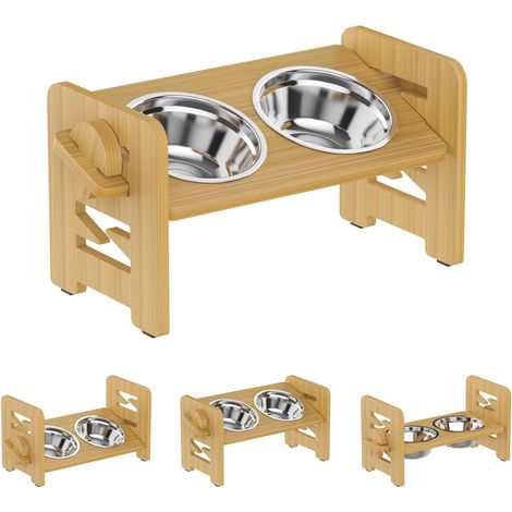 1 Support Gamelle Bambou, 6 Hauteurs Ajustables, 2 Bols Acier Inoxydable, Incliné 15°, Pour Chien Chat