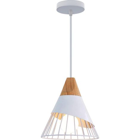 Lustre Suspension Vintage Rétro Cage Forme Badminton en Métal et Bois E27 25cm Plafonnier Luminaire Blanc (1/4)