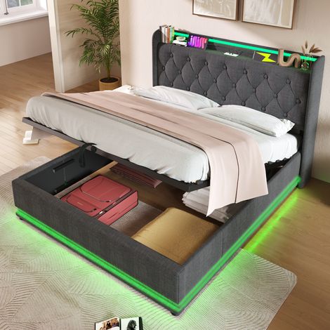 Cama matrimonio LED con almacenaje lino gris 140x190 OKMYHOME (1/5)