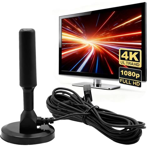Antenne TV Intérieur Puissante, Antenne Interieur TNT, Câble Coaxial De 5m, Réception Chaînes Locales Gratuites Longue Distance 500km, 360 Degrés sans Angle Mort, Compatible avec 4K 1080P (1/5)