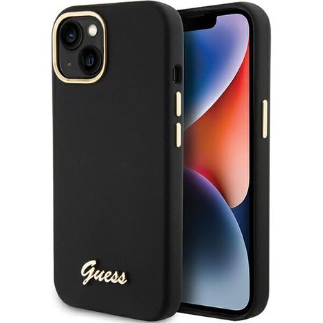 Guess GUHCP15SSMBSLK Custodia rigida nera/nera per iPhone 15/14/13 da 6,1" con scritta in silicone, logo e cornice in metallo. (1/5)