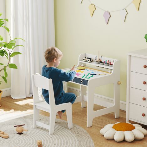 Bureau enfant avec chaise, table et chaise enfant avec 2 tiroirs en tissu et porte-gobelet, 62,8 x 55,6 x 73,8 cm, blanc (1/5)