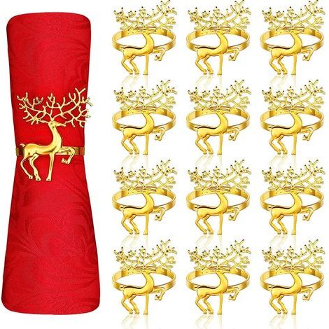 12 pièces ronds de serviette renne Noël or 6 cm motif elk, pour décoration de table festive et Thanksgiving (1/5)