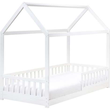 Cama infantil en forma de casa con dosel de madera de pino blanca 90 x 200 cm COSSAYE