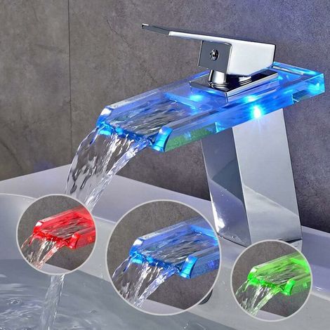 RGB LED Waterfall Basin Faucet 3 Color Change Bathroom Mixer Tap Chrome Brass Bathroom Glass Waterfall Faucet (1/5)