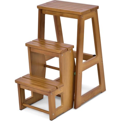 COSTWAY Sgabello Scaletta 3 Gradini in Legno di Pino, Sgabello Scala Pieghevole Salvaspazio, Scaletta 3 Gradini a Ribalta, Capacità Portante 150 kg, 57 x 38,5 x 66cm (Naturale) (1/5)