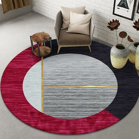 Tapis Rond - Tapis De Sol Moderne En Tissage Plat Gris Rouge Noir - Non Glissant Doux Pour Salon Chambre Ou Yoga - Diamètre 80 À 200 Cm (1/5)