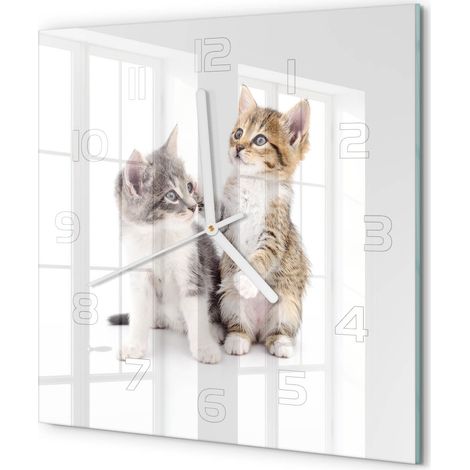 Horloge Murale Carrée à Quartz en Verre Trempé Silencieuse Sans Tic-Tac Deux petits chats 30x30 cm (1/5)