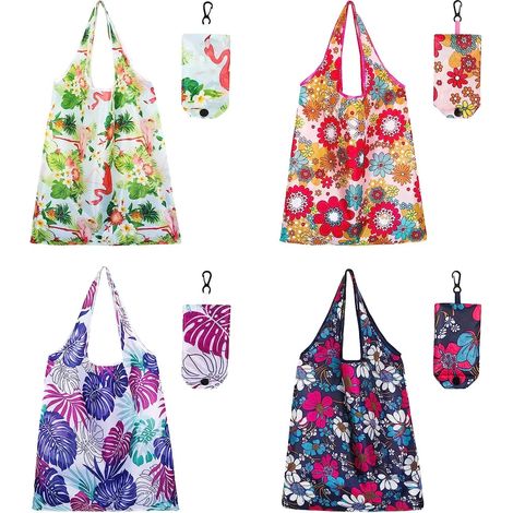 4 sacs de courses réutilisables pliables, cabas lavables avec pochette de rangement, sac écologique pour courses quotidiennes, alimentation et voyage, lot de 4 (1/5)