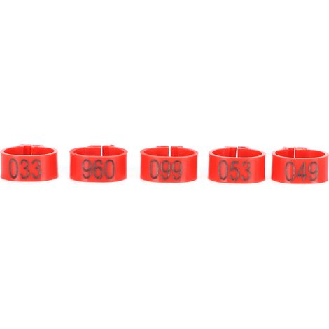 Lot de 100 bagues d'identification numérotées 001 à 100 pour volailles, bagues de patte, bagues rouges de 12 mm avec numéro. (1/5)