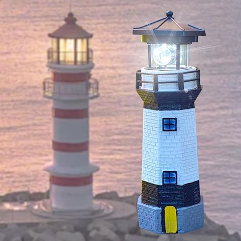 Noir et blanc phare solaire, tournant LED phare lumières décoratives, Cour imperméable lumières de paysage, Outdoor lampe solaire résine artisanat comme cadeaux pour les amis. (1/5)