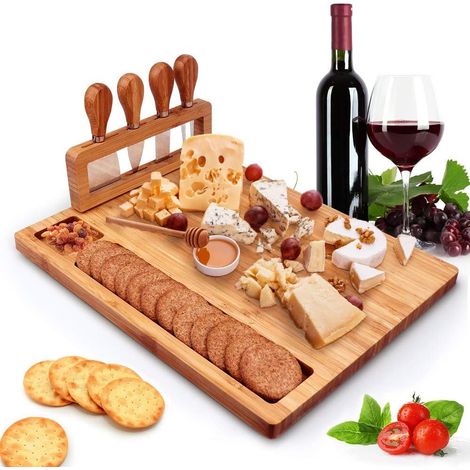 1 planche à fromage, plateau avec 4 couteaux en acier inoxydable, planche à charcuterie en bois massif (14''x11'') (1/5)