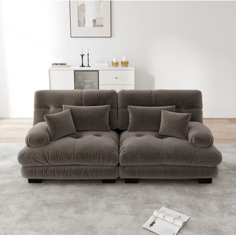 Canapé modular de chenilla marrón con cojines lumbares y decorativos, diseño nube con reposabrazos redondeados (1/5)