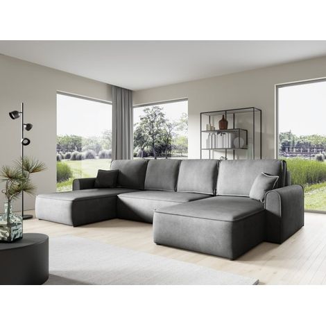 Canapé d'angle panoramique convertible LORIO en tissu aspect velours gris