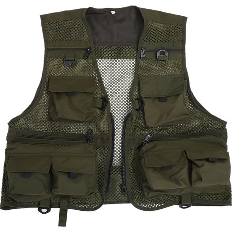 Gilet De Pêche À Mouche - Séchage Rapide - 12 Poches Avec Fermeture Éclair Et Velcro - Ventilation Arrière En Maille - Vert Armée - 1 Pièce (1/5)