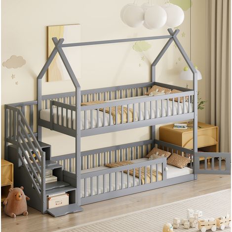 Lit superposé enfant 90x200 cm en bois massif gris avec toit et escalier avec tiroirs (1/5)