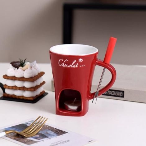 Tasses à fondue avec fourchettes, tasse à fondue au chocolat, tasse à fondre en céramique au chocolat, 1pcs(Red) (1/4)
