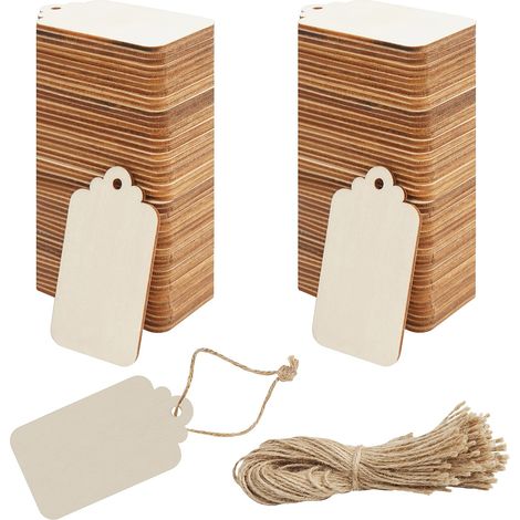 Juego de 100 etiquetas rectangulares de madera sin acabado (3,7 x 6,8 cm) con cuerda, para regalos y Navidad. (1/5)