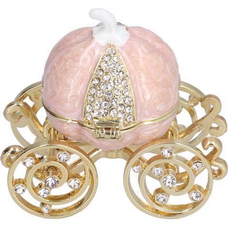 Boîte de rangement à bijoux blanche et dorée en forme de carrosse, ornée de strass, idéale pour décorer une table ou une collection de bijoux. (1/5)