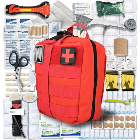 Trousse de Secours Complete + Matériel Inédit - Pharmacie de Voyage Randonnée Camping Voiture - Equipement Militaire Kit de Survie Couverture de Survie Aspire Venin Garot Tourniquet (1/5)