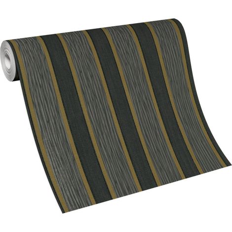 Papier peint chic rayures gris & or | Tapisserie élégante à rayures noire & doré chambre adulte | Papier peint intissé élégant doré (1/5)